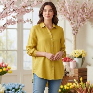 LOFT Cotton Blend Voile Buttondown Shirt Blouse Top Yellow Collared Sz Large